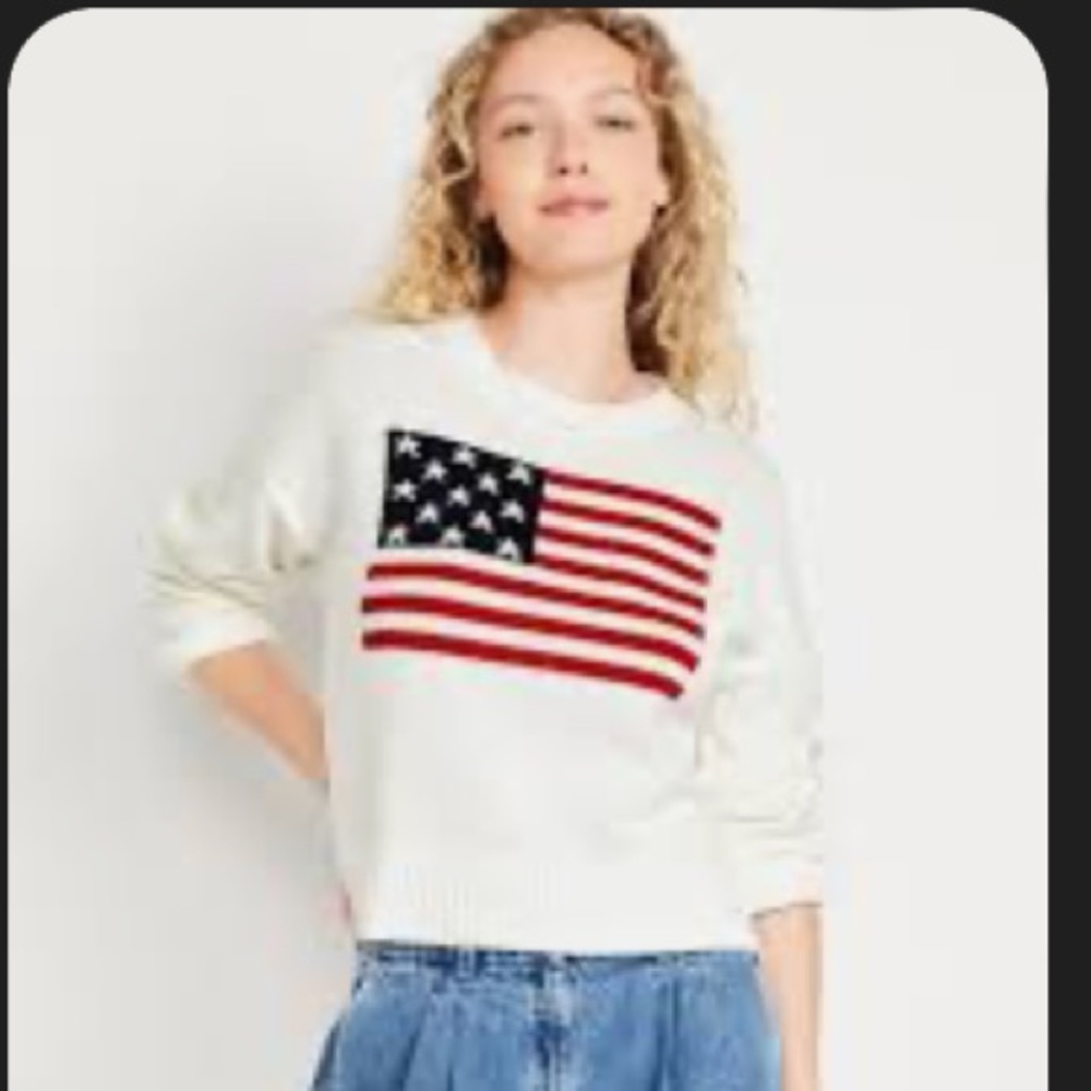 Old Navy Cream Crewneck Sweater with American Flag